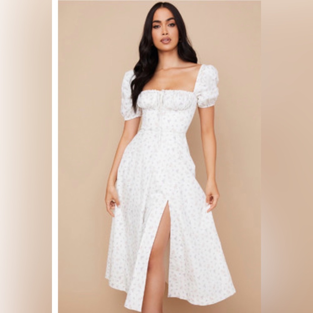 House of CB White Floral Square-Neck Midi Dress with Puff Sleeves